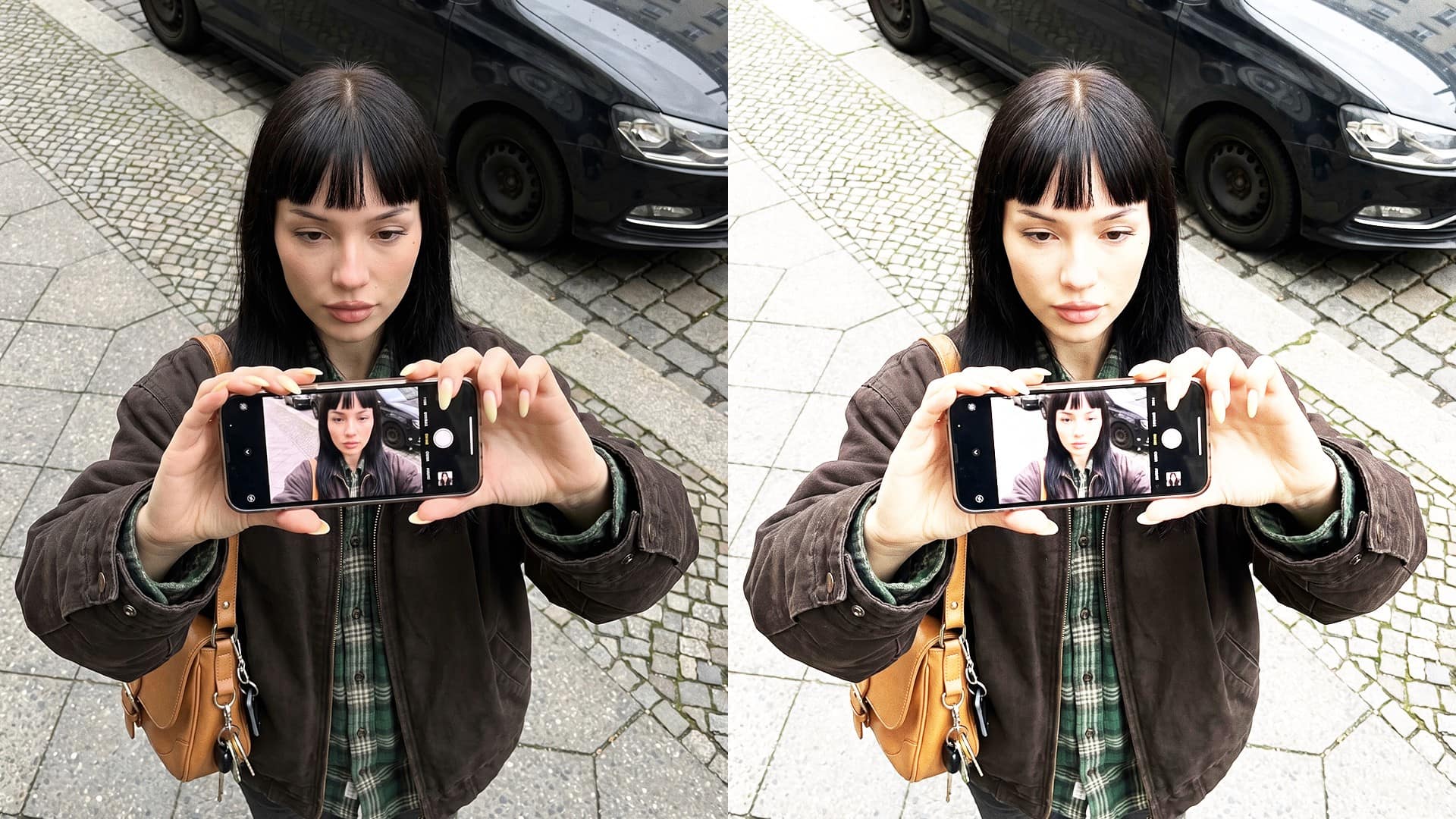 Portrait before and after a warm low-contrast filter, showing the effect on skin tone
